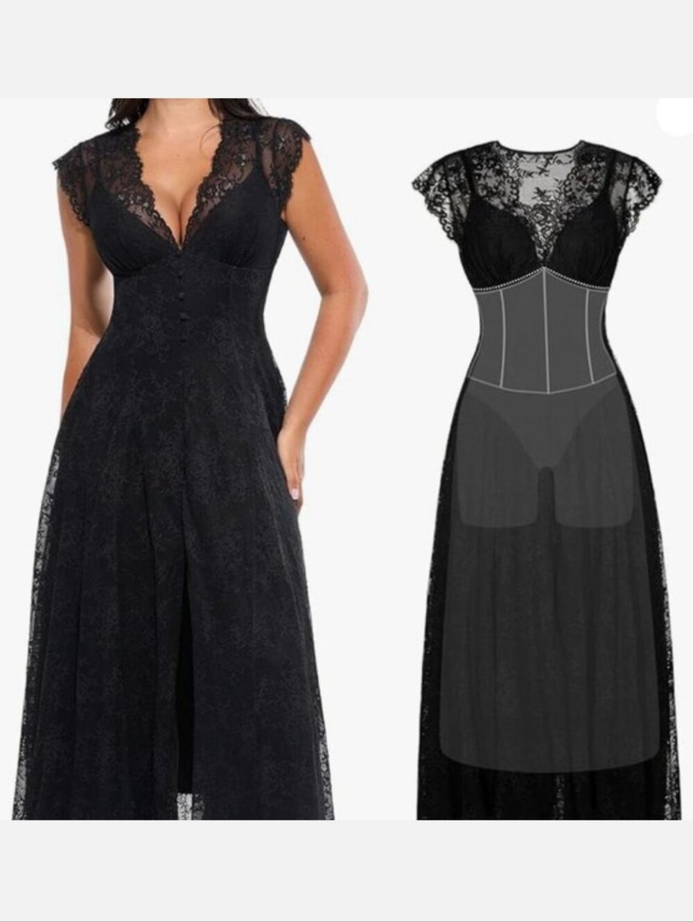 Popilush Boho Floral BLACK Lace Front Slit Maxi Dress|BUILT IN SHAPEWEAR Large
